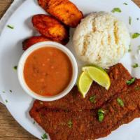 Chicken Milanesa · Chicken fried breaded thin meat served with white and two sides.