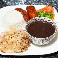 Roasted Pork (Lechon Asado) · Served with white rice black beans and plantains.