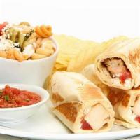 Grilled Chicken Roll Up · With tomato and feta in a griddled flour tortilla. Served with salsa, chips, and choice of a...