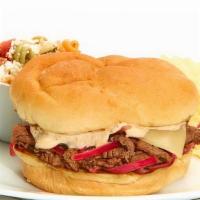 Beef Tender Sandwich · Grilled onions, melted Swiss, and horseradish on a kaiser bun. Served with chips and choice ...
