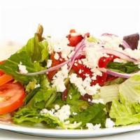 Greek Salad · A mix of lettuces, tomatoes, cucumbers, roasted red peppers, red onions, feta, pepperoncini,...
