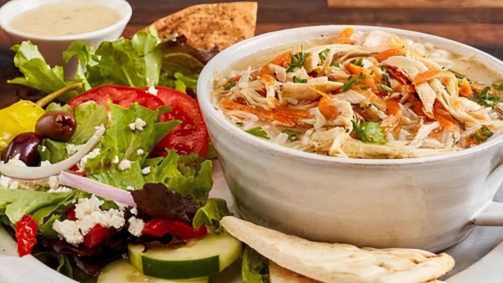 Soup With Mediterranean Salad · Our Lemon Chicken Soup with our Mediterranean Salad. Fresh mixed lettuce with garbanzo beans, roasted red peppers, red onions diced tomatoes, candied pecans, feta, and Balsamic Vinaigrette