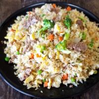 Beef Fried Rice · Peas, Carrots, Broccoli, Eggs, and Beef