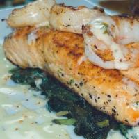 Grilled Mojo Salmon · served with Grilled Shrimp, Sauteed Spinach, Plantain , Rice Pilaf - Beurre Blanc