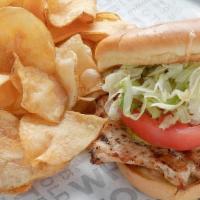 Chargrilled Chicken Sandwich · Six ounce grilled chicken breast with shredded lettuce, pickles, tomatoes and our secret sau...