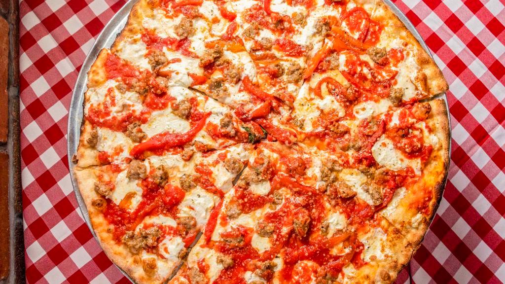 Brooklyn Bridge · Oven roasted red peppers, creamy ricotta cheese and hand pinched Italian sausage, atop our Traditional pizza.