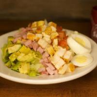 Cobb Salad · Fresh romaine lettuce, smoked ham, hard boiled egg, cherry tomatoes, avocado, chicken breast...