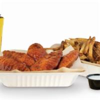 Chicken Tender Combo (5Pc) · 5 crispy tenders with 1 flavor, 1 dip, regular fries or veggie sticks, and a drink.