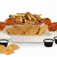 Chicken Tender Combo (24Pc) · 24 crispy tenders with 4 flavors, 4 dips, 2 large fries and 6 rolls (Feeds 6-8)