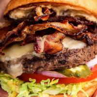 Bacon Cheeseburger On Steroids* · Monterey Jack cheese, three pieces of jalapeño bacon, three pieces of applewood smoked bacon...