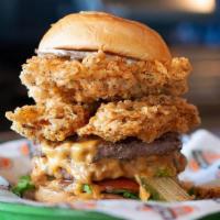 Bad Ass Burger* · Two 5oz Angus beef patties with Housemade American Cheese, buttermilk fried bacon, horseradi...