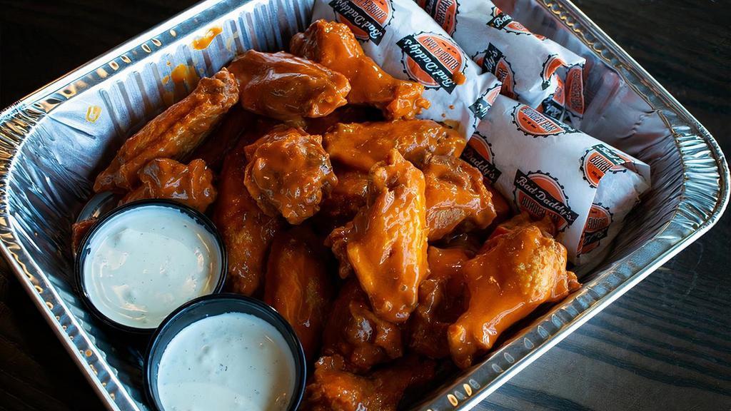 Wing Family Packs · A platter of fresh jumbo wings tossed in Buffalo, BBQ or Thai chili sauce. Served with a side of celery & ranch or bleu cheese.
