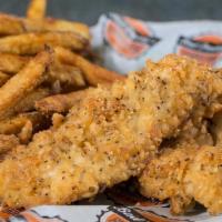 Kids Chicken Tenders · Two breaded and fried chicken tenders with a choice of side and drink