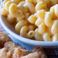 Kids Mac & Cheese · Creamy, Cheesy goodness on cavatappi noodles with a choice of side and drink.