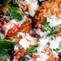 Meatball Trio · Roasted meatballs, marinara, garlic,spinach, and crostini.
