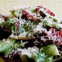 Mixed Green Salad · Arugula, radicchio, spring mix, parmesan. Comes with balsamic vinaigrette.