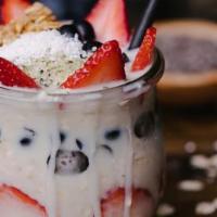 Overnight Oats  · Rolled oats made with oat milk and topped with strawberry, blueberry , hemp seeds, chia seed...