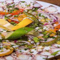 Polpo Carpaccio · Sliced octopus, bell peppers, pickled red onions, capers, parsley, lemon juice