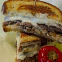 Patty Melt Burger · Twin patties, sauteed mushrooms & onions, melted Swiss cheese on grilled old fashion rye bre...