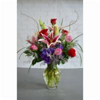 Juliet · The essence of romance, Juliet woos with red and lavender roses, stargazer lilies, purple hy...