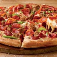 The Works (Large, 8 Slices) · Original Crust: 380 cal. per slice, Thin crust: 320 cal. per 1/8th pizza. Pepperoni, ham, gr...