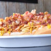 Munchies Hot Dog · Supreme hot dog topped with bacon,  melted cheese, pink sauce, cilantro sauce, barbecue sauc...