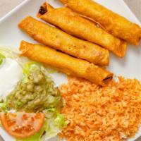 Taquitos · Four beef or chicken-filled comfortilas rolled and deep-fried served with rice, lettuce, gua...