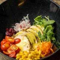 Chicken Bowl · roasted chicken, brown rice, cherry tomatoes, corn, carrots, arugula, cranberries, scallions...