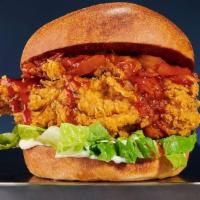Chilli Bang Chicken Sandwich 🌶 · Crispy hand-breaded fried chicken burger with chilli bang hot sauce, spicy mayo, lettuce and...
