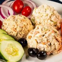 J.'S Trio Platter · Not available as a sandwich. Choose any three – dill chicken, traditional chicken, tuna or e...