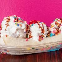 Banana Split · Three Scoops of Ice Cream with Banana, Whipped Cream, and your choice of Syrup and topping