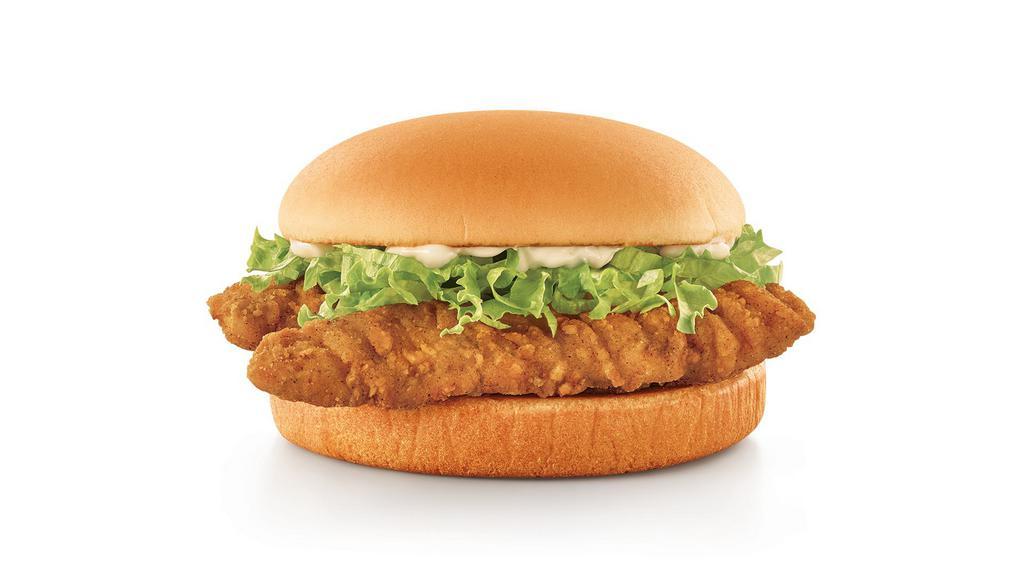 Crispy Tender Sandwich · Who knew so little could get you so much? Two tender, juicy all white meat chicken strips topped with fresh shredded lettuce and creamy mayo. It's the epitome of value.