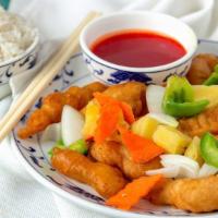 Sweet & Sour Chicken · Served with spring egg roll, roast pork and fortune cookie.
