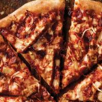 Barbq Chicken Pizza · Grilled chicken, bacon, onions and our three-cheese blend, topped with tangy BBQ sauce.