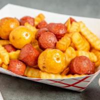 Salchimix · french fries, baby yellow potatoes and beef franks