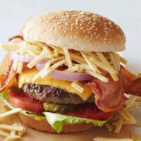 Cheese Burger + Fries  · half pound of meat, tomato, lettuce, onion, american cheese, garlic sauce, mayo, ketchup, po...