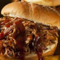 Pulled Pork Bbq + Fries  · Pulled pork BBQ,  letucce, onion & pickle