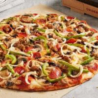 Works (Individual) · Heritage pepperoni, family recipe sausage, freshly cut green peppers and yellow onions, fres...