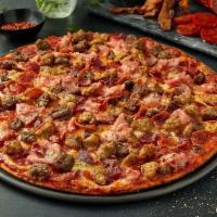 Serious Meat (Individual) · Heritage pepperoni, family recipe sausage, shaved ham, ground beef, hardwood smoked bacon, s...