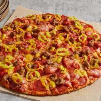 Founders Favorite (Medium) · Heritage pepperoni, family recipe sausage, shaved ham, banana peppers, smoked Provolone, Rom...