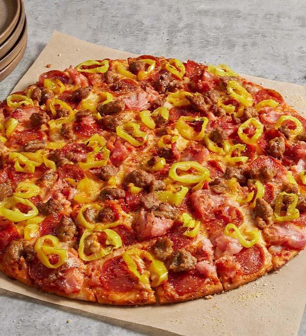 Founders Favorite (Small) · Heritage pepperoni, family recipe sausage, shaved ham, banana peppers, smoked Provolone, Romano.