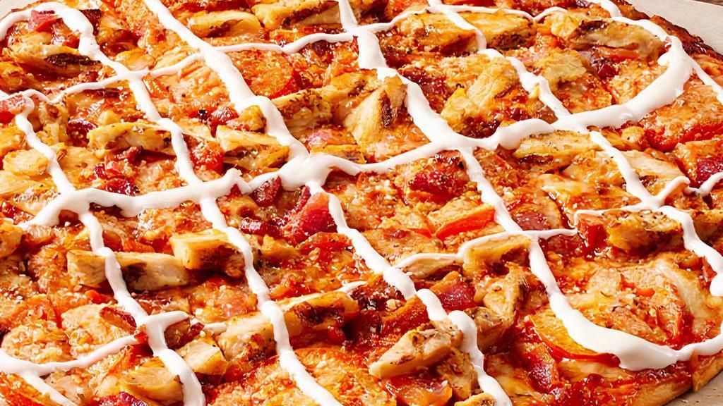Chicken Bacon Ranch (Large) · Chicken breast, hardwood smoked bacon, smoked provolone, Romano, Roma tomatoes, and drizzled with ranch dressing.