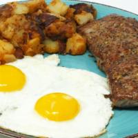 2 Eggs And Steak · *Consuming raw or undercooked meats, poultry, seafood, shellfish or eggs may increase your r...