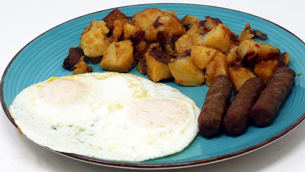 2 Eggs & Sausage Link · Link Sausage & 2 Fresh Eggs cooked your way, served with a side of Toast or Biscuits and Home Fries or Grits!