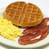 Belgian Waffle Slam · Belgian waffle served with two large eggs, bacon or sausage.