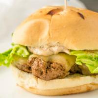 Jamaican Jerk Burger · Lettuce, grilled onions, Pepper Jack cheese, and jerk spice.