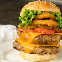 Extreme Supreme Burger · Double cheeseburger, turkey bacon, lettuce, tomato, pickles, onions onion rings, mustard, ke...