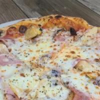 Pizza Quattro Stagioni · Tomato, mozzarella, mushrooms, olives, cooked ham, artichokes.