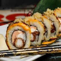 Axl Roll · (FRIED) Shrimp tempura, salmon and cream cheese inside, fully fried, topped with spicy mayo,...