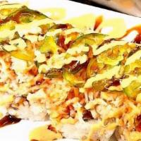 Electric Roll · Cajun seasoned crawfish, cream cheese, crab stick inside, baked krabmeat and jalapenos outsi...